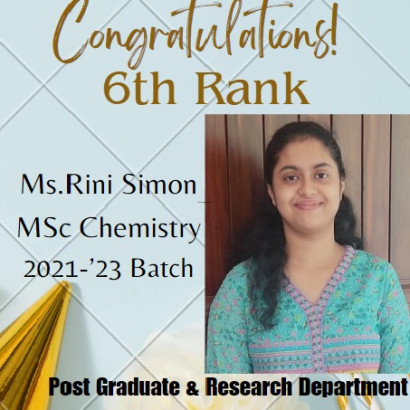 MSc Chemistry 6th Rank- Ms. Rini Simon