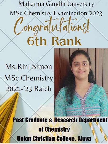 MSc Chemistry 6th Rank- Ms. Rini Simon