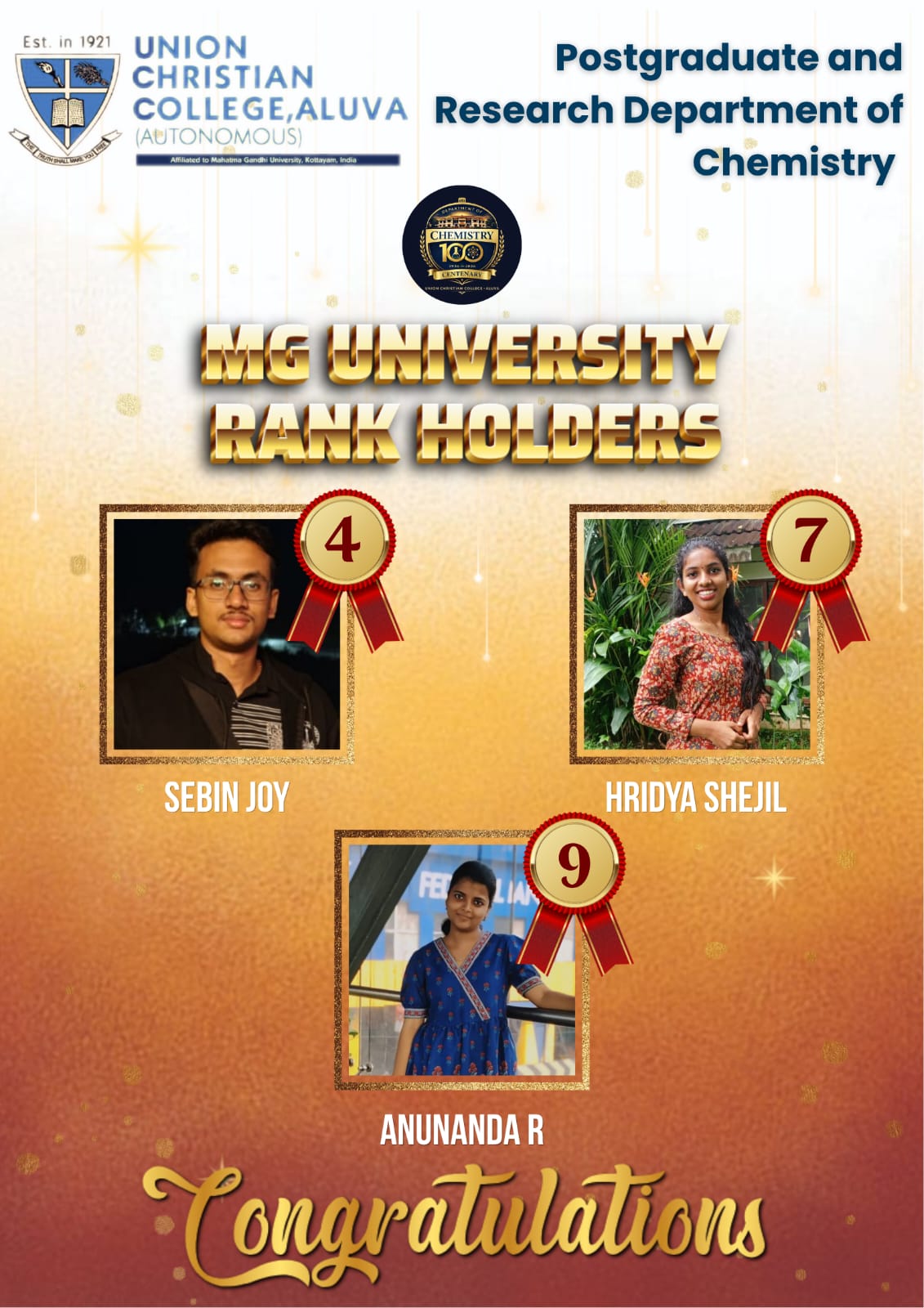 Congratulations to the UG Rank Holders